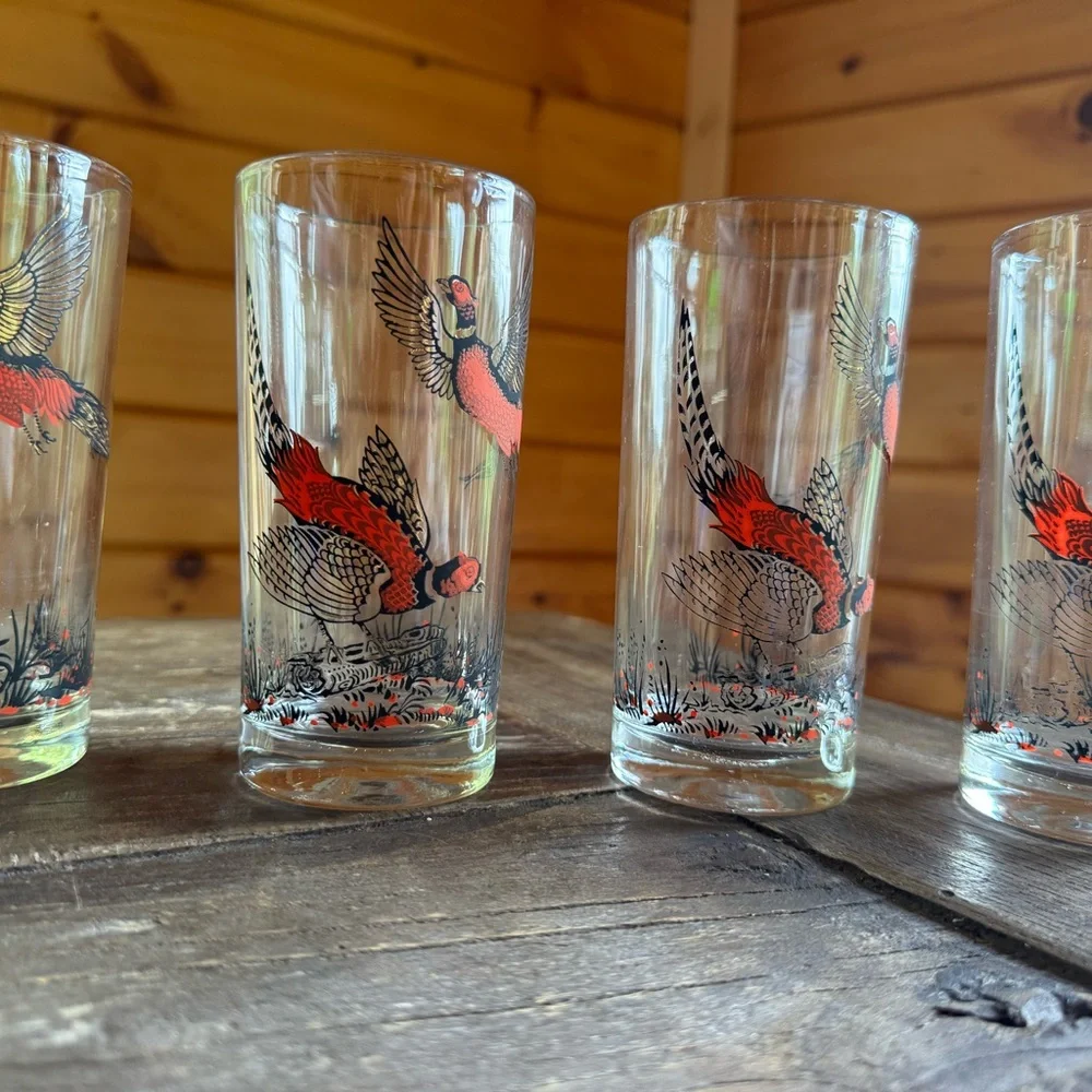 MCM Vintage Pheasant Glass Tumbler set 4 - Red Flying Bird Design